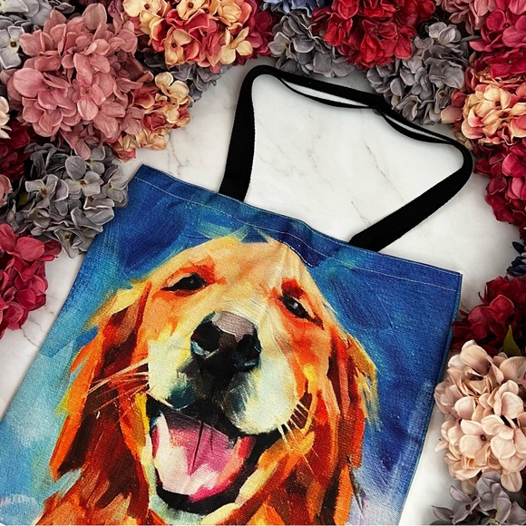 Eco-Friendly Happy Golden Retriever Dog Folding Tote Bag - Picture 4 of 14